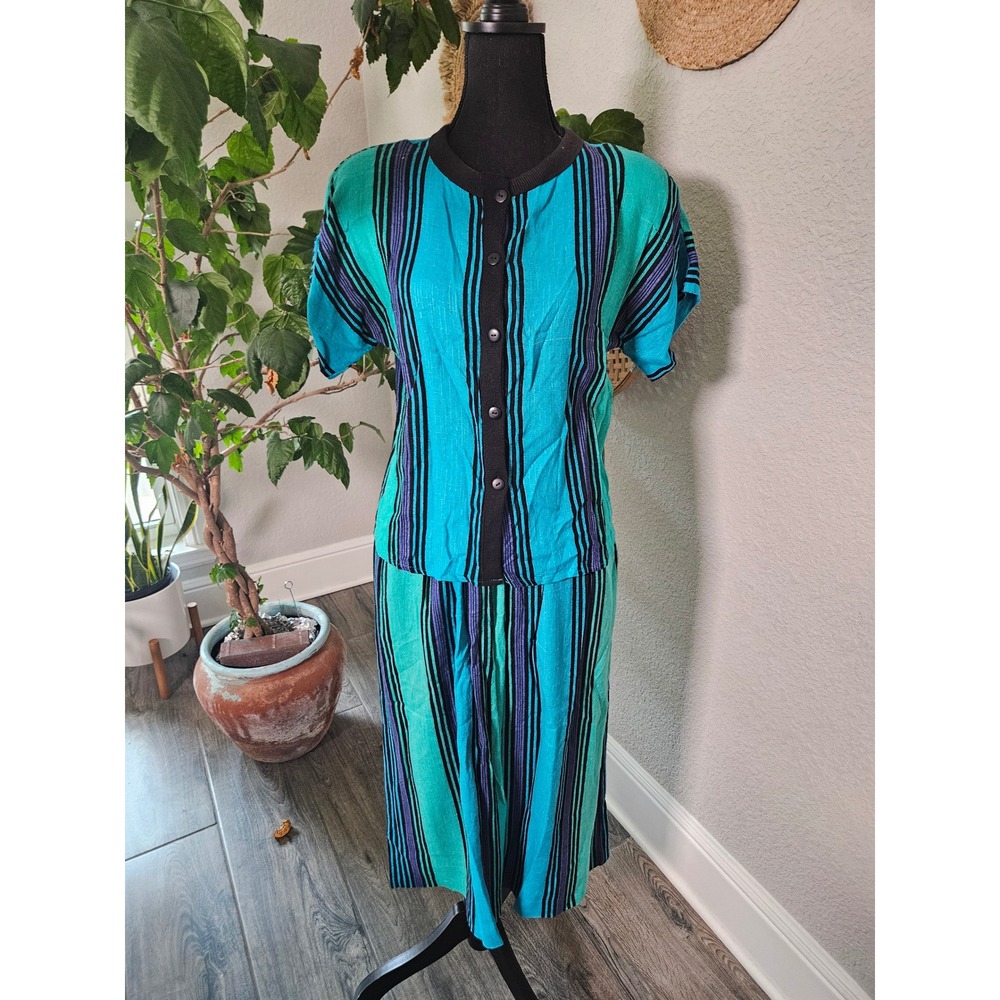 Vintage College Town Striped‎ Skirt Set Small Teal Purple 80s Coastal Preppy